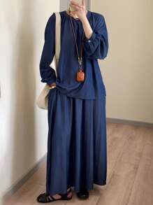 FRIFUL Conjunto de 2 piezas de blusa casual con botones en la espalda y falda fluida, corte holgado para mujer