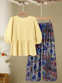 SHEIN JORESS Bộ trang phục 2 món cho nữ cỡ lớn: Áo cánh buộc phía trước màu trơn & Quần ống rộng họa tiết hoa, Bộ thường ngày - Xanh đậm - Xem 2