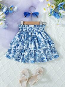 年轻女孩荷叶边松紧腰双层裙子，适合休闲、通勤、度假、可爱 - 藍色 - 查看 6