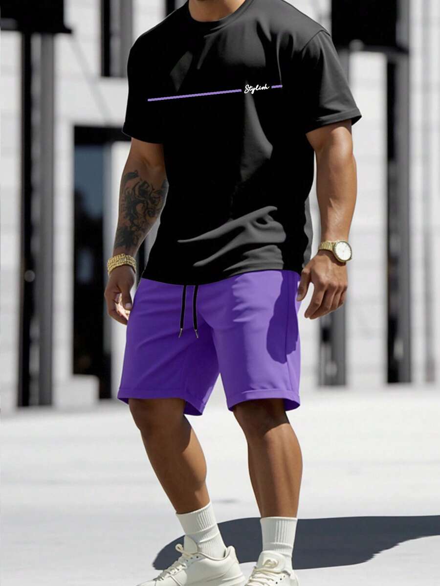 Manfinity Homme 男士夏季休闲圆领短袖字母印花T恤和紫色抽绳腰短裤套装