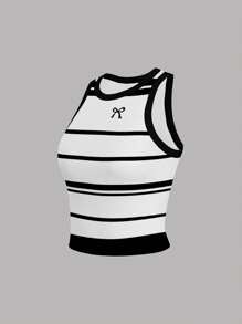 INAWLY Áo ba lỗ cổ tròn in họa tiết sọc và nơ, mùa hè - Nhiều màu - Xem 4