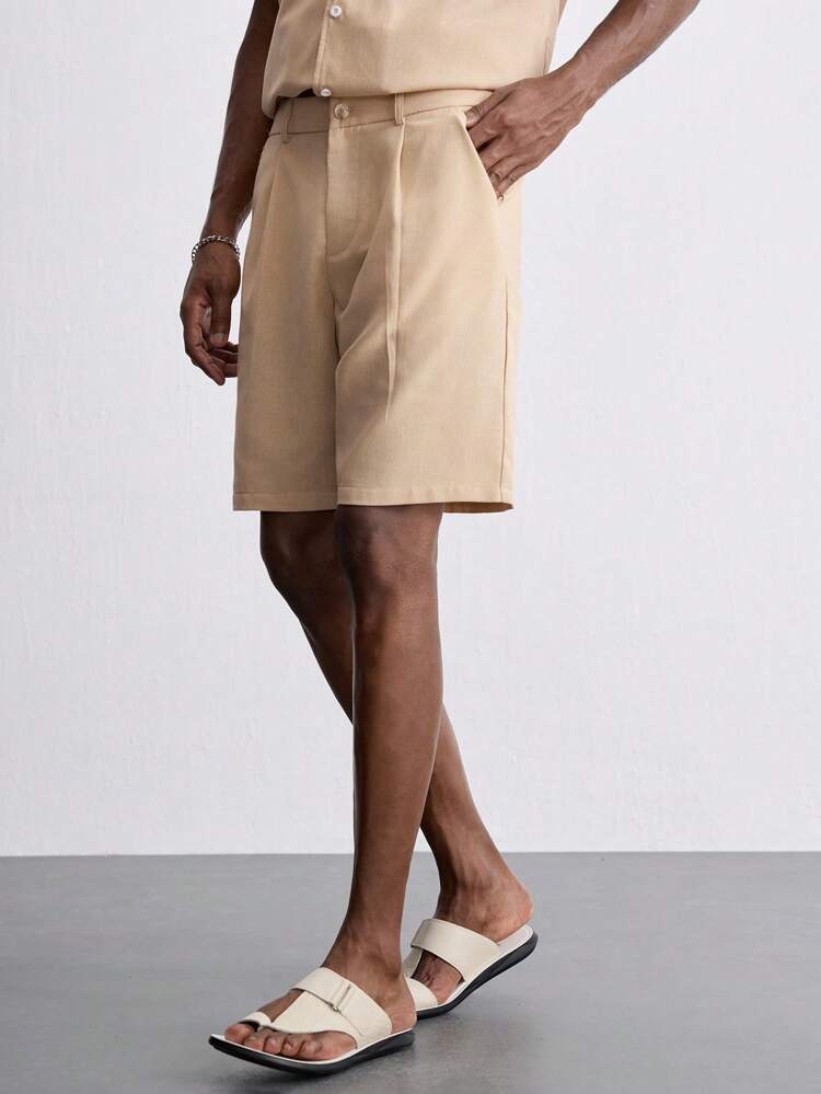 SHEIN Maija 2025 Summer New Khaki Linen Elastic Waist Drawstring Adjustable Side Pockets Men Shorts, Modern Elegant Casual Suitable For Wedding, Office, Daily, Vacation, Music Festival, Party, Countryside, Street Style, Independence Day, Date, Back To School, Fall