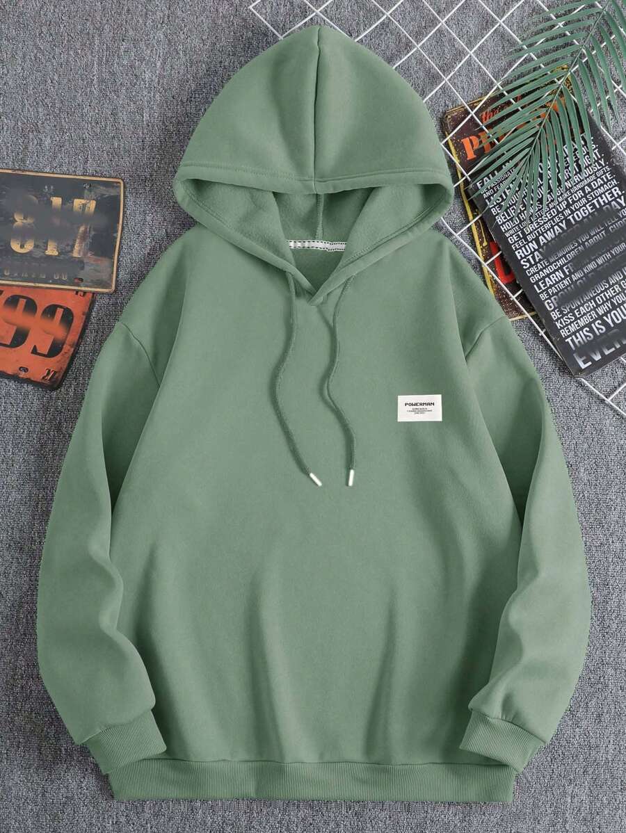 SHEIN Cottnline Men Letter Patched Detail Drawstring Thermal Lined Hoodie - Mint Green - View 1