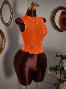 Amplova Women's Rhinestone Floral Frayed Edge Mesh Camisole - Burnt Orange - View 5