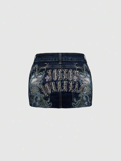 Fairycore Minifalda vaquera sexy de talle bajo con lavado desgastado y bordado de mariposa, top corto de mujer estilo Y2K