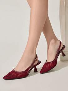 CUCCOO CHICEST CUCCOO Women's Burgundy Lace Backstrap High Heel Shoes, Suitable For Spring And Summer - Burgundy - View 3