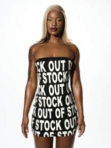 SUMWON WOMEN Bandeau Statement Lettering Mini Dress Aesthetic Festival Party Night Out Clubwear Strapless Bold Graphic Text Print Bodycon - Black - View 8