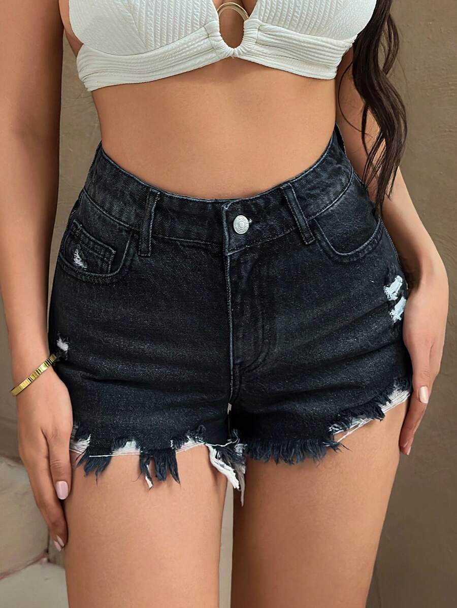 EURMUSE 女士休闲高腰破洞牛仔短裤，夏季