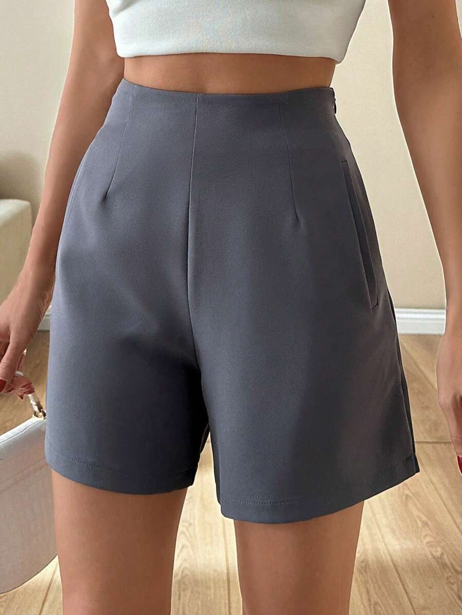 SHEIN Cottnline Women Solid Color Pocket And Zipper Detailed Grey Color Shorts Women Short Outfits - Grey - View 1