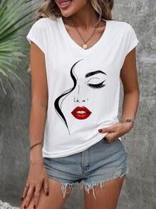 INAWLY 女士面部印花短袖 T 恤