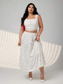 SHEIN ICON Plus Size Square Neck Button Front Ditsy Floral Vest Top And Flared Hem Floral Skirt 2 Pieces Set, Summer - Multicolor - View 1