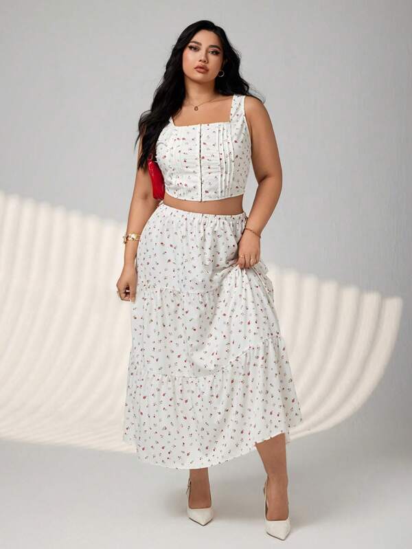 SHEIN ICON Conjunto de 2 piezas de talla grande con top de chaleco con cuello cuadrado y botones con estampado floral pequeño (ditsy) y falda con bajo acampanado con estampado floral, ideal para el verano