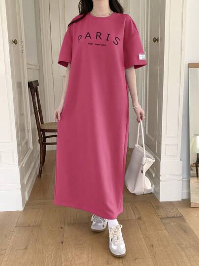 SHEIN 少女紫色针织圆领宽松休闲字母印花袖蝴蝶结装饰街头女孩长款短袖连衣裙，适合日常穿着、休闲校园、返校、情人节、夏季装