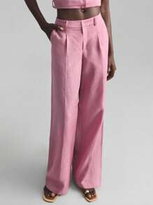 Ontre 2025 Women's Summer Linen Trousers, Pink Minimalist Fashion Suit Pants, Suitable For Commuting, Vacation, Comfortable And Refreshing Summer, Beach Resort, Music Festival, Teacher Wear - Pink - View 5
