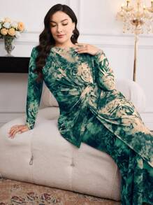Modelyn Vestido largo elegante de manga larga con estampado floral y cintura fruncida para mujer de talla grande - Verde - Ver 4