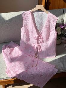 Comfortcana 大码女式 2 件套蝴蝶结印花夏季粉色条纹背心和裤子套装，2 件套夏季服装女士夏季服装 - 粉色 - 查看 3