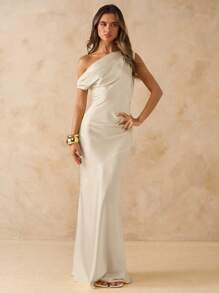 SHEIN BAE 女士性感简约纯黄色缎面不对称单肩镂空后背系带露背长裙，适合派对、鸡尾酒会、正式场合、伴娘礼服、生日礼服，春夏季 - 杏色 - 查看 5