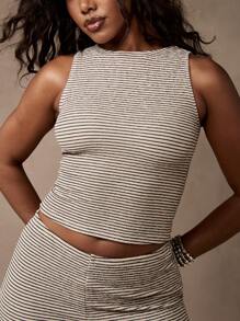 MISSGUIDED Stretch Knit Two Piece Ribbed Co-Ord Summer Festival Tank Crop Top High Waist Shorts Workout Set - Apricot - View 3