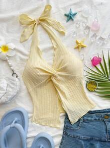 SHEIN Tween Girl Casual Vacation Textured Knit Light Yellow Butterfly Decor Halter Neck Camisole