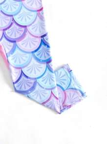 SHEIN 女童泳衣 女宝宝连体泳衣 长袖长裤泳衣 可爱卡通美人鱼涤纶数码印花紫色渐变鱼鳞印花连体泳衣 婴儿泳衣女孩