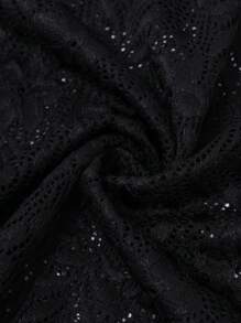 Allurite Top style licou élégant à col ajouré en couleur unie avec patchs en dentelle noire pour l'été - Noir - Voir 4