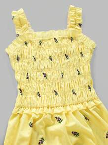 女式夏季法式休闲度假黄色褶饰方领多层荷叶边花卉印花长裙 - 彩色 - 查看 5