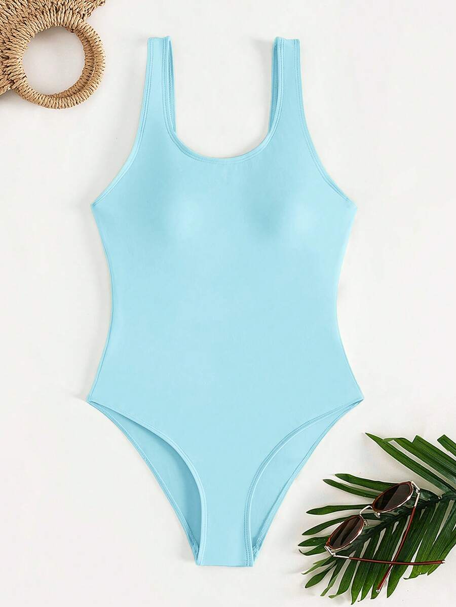 Swim Vcay 女士纯色休闲连体露背度假泳衣 - 淺藍色 - 查看 1
