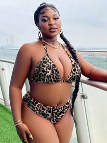 Slaydiva 2件套加大码女式豹纹吊带三点式比基尼泳装