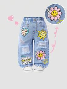 SHEIN Playful Pals Denimly 女婴休闲日常都市街头破洞浅色洗水牛仔裤，搭配甜美多巴胺渐变心形向日葵星星印花，松紧腰带 - 淺色水洗藍 - 查看 1