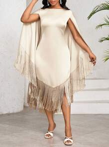 SHEIN Lady Váy dài vừa phải tua rua dệt màu trơn cho ngày lễ của phụ nữ bằng vải satin Váy sinh nhật & sự kiện / Váy công sở / Váy nhà thờ / Váy cưới / Váy ngày lễ, Váy cho phụ nữ mùa hè, Váy tua rua - Màu be - Xem 4