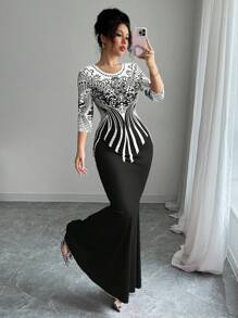 Modelyn Digital Print Bodycon Long Sleeve Dress For Women - Multicolor - View 4