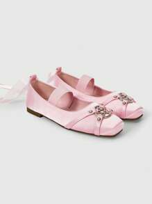 ROMWE Kawaii Balerini eleganți și la modă pentru femei, cu vârf pătrat și cataramă, stil punk dulce, versatili pentru petrecere, purtare zilnică, rochie de seară, roz - Roz - Vizualizare 1