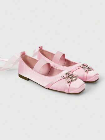 Kawaii Ballerines femme à bout carré élégantes et mode avec boucle en forme d'étoile, chaussures plates de style punk doux, polyvalentes pour fête, port quotidien, robe de soirée, rose
