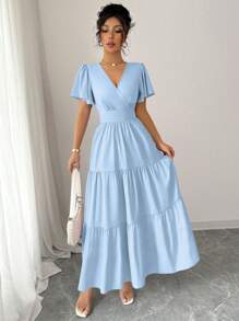 Elenzga 2025 Spring/Summer New Arrival French Elegant Cinched Waist High-Quality Purple Short Sleeve Dress - Baby Blue - View 5