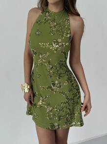 Aloruh New Sexy Clubwear Backless Sleeveless Lace Up Form-Fitting Mini Green Sequin Dress, Suitable For Music Festival, Vacation, Date, Beach, Cocktail Party