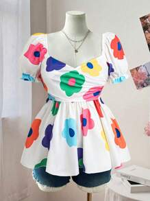 Flirla Plus Size Women Floral Print Ruffle Layered Tie Waist Casual Elegant Resort Blouse With Puff Sleeves And Sweetheart Collar - White - View 1