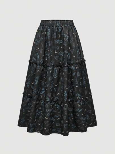 Fairycore Hippie Retro Style Resort Moon & Plant Allover Print Skirt