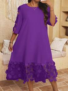 SHEIN Clasi Plus Size Women Mesh Panel Round Neck Short Sleeve Midi Dress - Purple - View 4