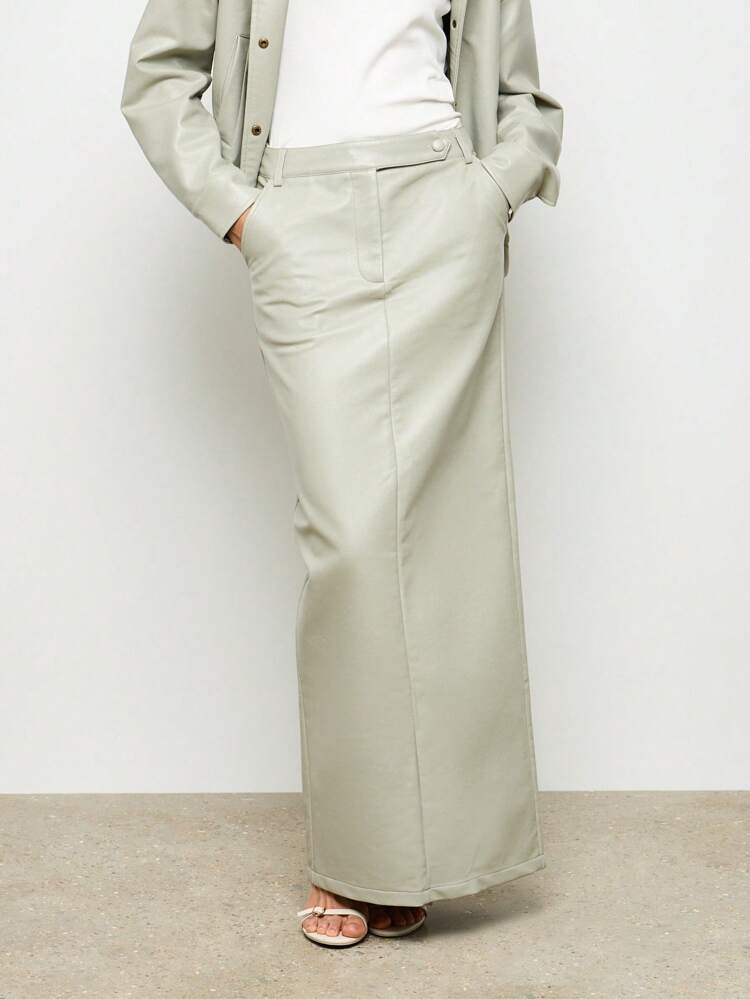 Women Faux Leather Maxi Column Skirt With Back Split