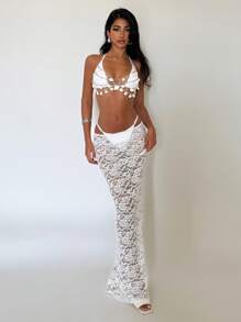 EgrlEra 1 件套白色蕾丝海滩罩衫美人鱼裙泳衣，适合女士，夏季度假 - 白色 - 查看 2