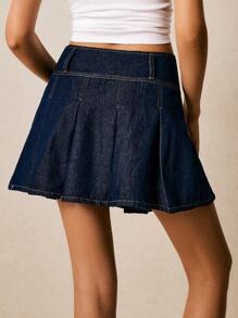 Poéselle Váy mini denim đơn sắc có khóa kéo bên hông dành cho nữ, dễ mặc, đa năng - Rửa tối - Xem 3