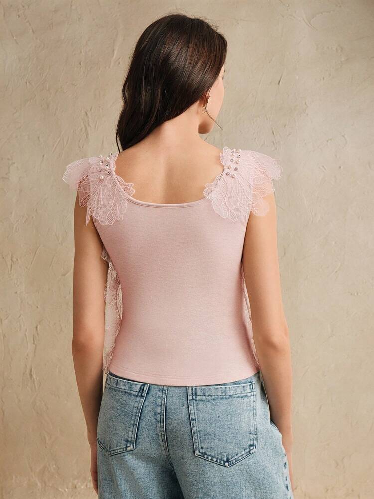 Casual, Elegant Romantic Textured Floral Beaded Spring/Summer Women Tops, T-Shirts, Blouses