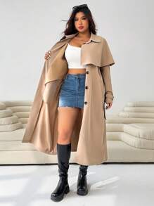 SHEIN EZwear 卡其米色长款斗篷风衣，适合大码女装，夏季、教师、职业女性、秋季、乡村、斯德哥尔摩风格、披风、商务、西部、乡村音乐会、办公室等场合穿着。 - 卡其色 - 查看 6