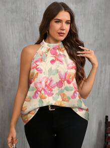Modelyn Blusa smanicata con colletto alla coreana e stampa floreale, adatta per l'estate, disponibile in taglie comode