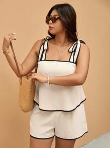 Elaquor Bộ 2 chiếc/Bộ áo hai dây xếp nếp và quần short cỡ lớn dành cho nữ, Bộ trang phục mùa hè 2 món, Trang phục mùa hè dành cho nữ - Màu be - Xem 5