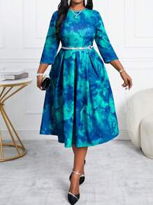 Fleurora 秋冬优雅复古工作彩色针织喇叭裙新品A字裙大码连衣裙深绿色连衣裙秋季婚礼宾客连衣裙 - 彩色 - 查看 3