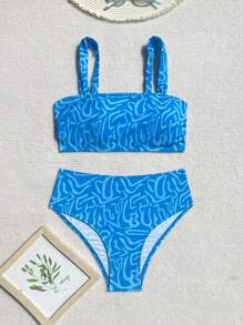 Swim Vcay Set de 2 piezas de bikini de verano para mujer con parte superior de tirantes y Bottom de cintura alta, estampado de color aleatorio, para playa y resort - Azul - Ver 3