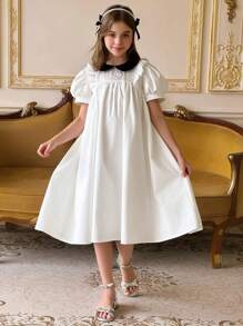 DAZY 女童优雅棉质刺绣泡泡袖拼布连衣裙，夏季，返校服 - 白色 - 查看 2