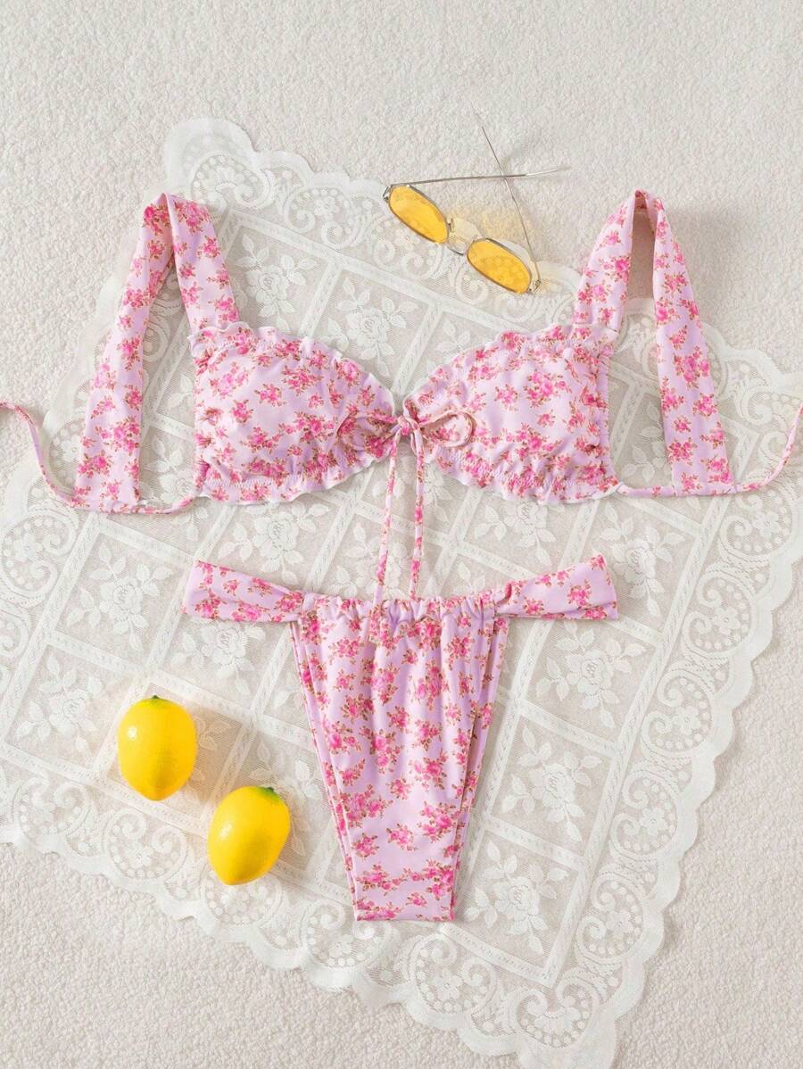 Swim Mod 女款波希米亞風隨機碎花印花蝴蝶結荷葉邊飾泳裝與沙灘罩衫套裝,適合夏季海邊度假 - 彩色 - 查看 1