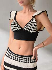 SHEIN Cottnline Women Top And Skirt Openwork Sweater Cover Up Set - Black and White - View 7
